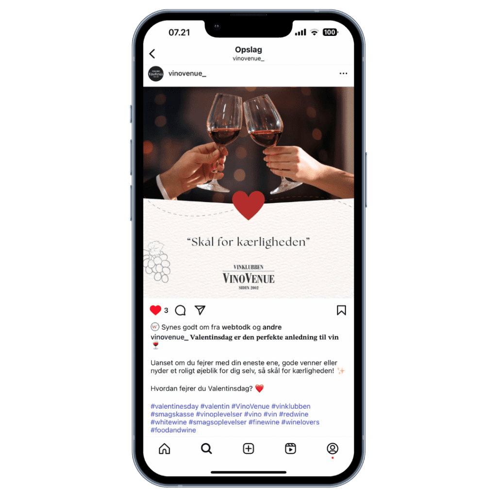Mobilvisning af Instagram opslag, der viser mennesker nyde vin